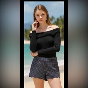 New CLUB MONACO Amber Pantalon Court Shorts Scalloped Hem Preppy Polka Dot Blue